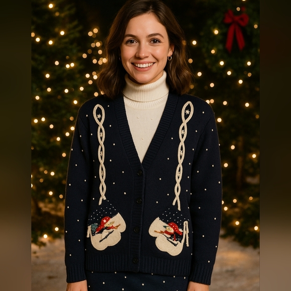 Susan Bristol Vintage 1992 Christmas Holiday Mittens Cardigan Sweater Sz L Party - Picture 1 of 9